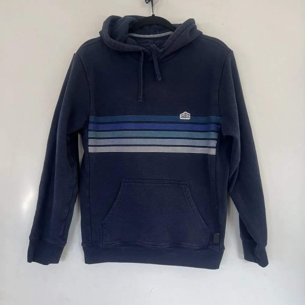 Patagonia Sweater Men's Hoodie Size Small Uprisal  Navy Blue Striped Long Sleeve